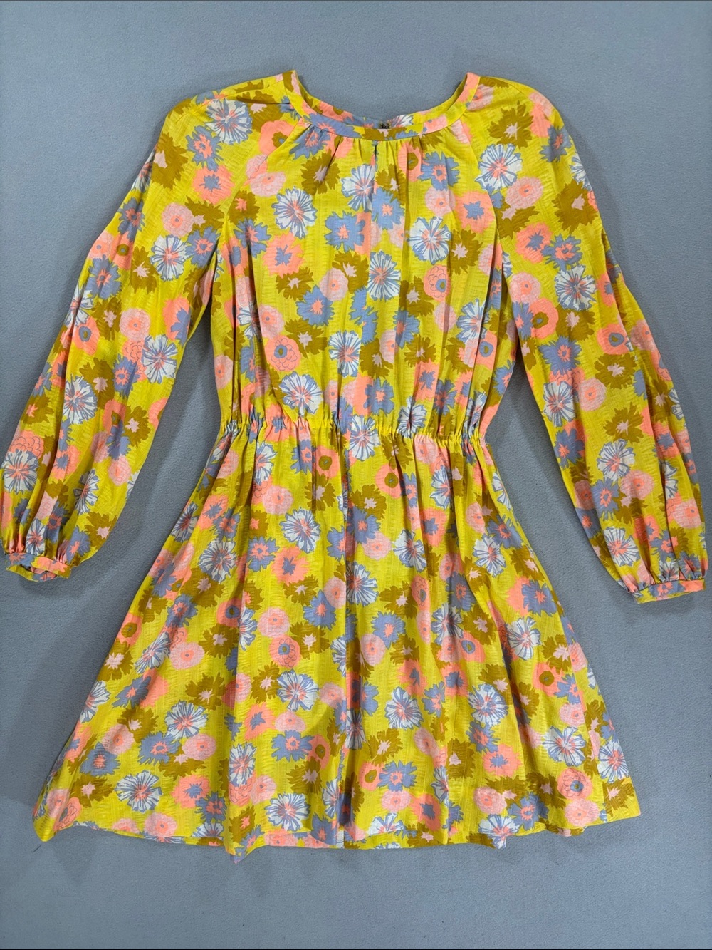 True Vintage mod Floral Long-Sleeve Yellow Dress 60’s M handmade